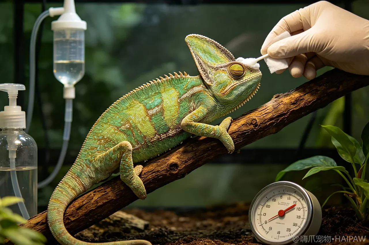 高冠变色龙眼睛老是闭着睁不开怎么办？眼部清洁与脱水补水操作