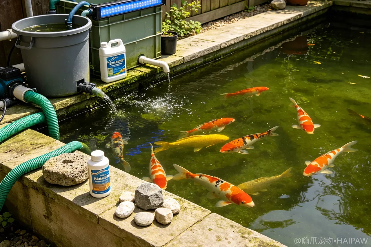 锦鲤池水变绿变浑怎么办？高密度鱼池的藻类控制与氨氮管理
