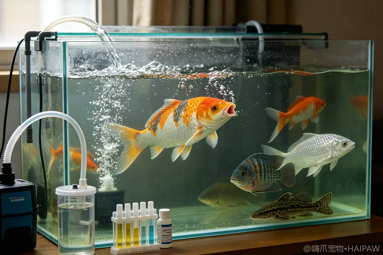 鱼缸缺氧看鱼就知道，浮头张嘴加氧别等翻肚