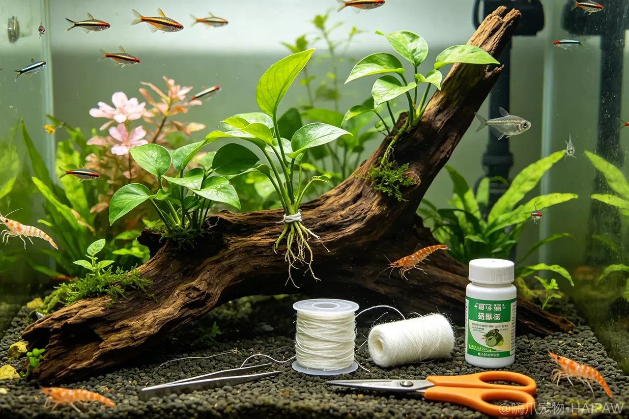 水榕绑在沉木上三个月还不扎根怎么办？附生水草的固定与促根方案